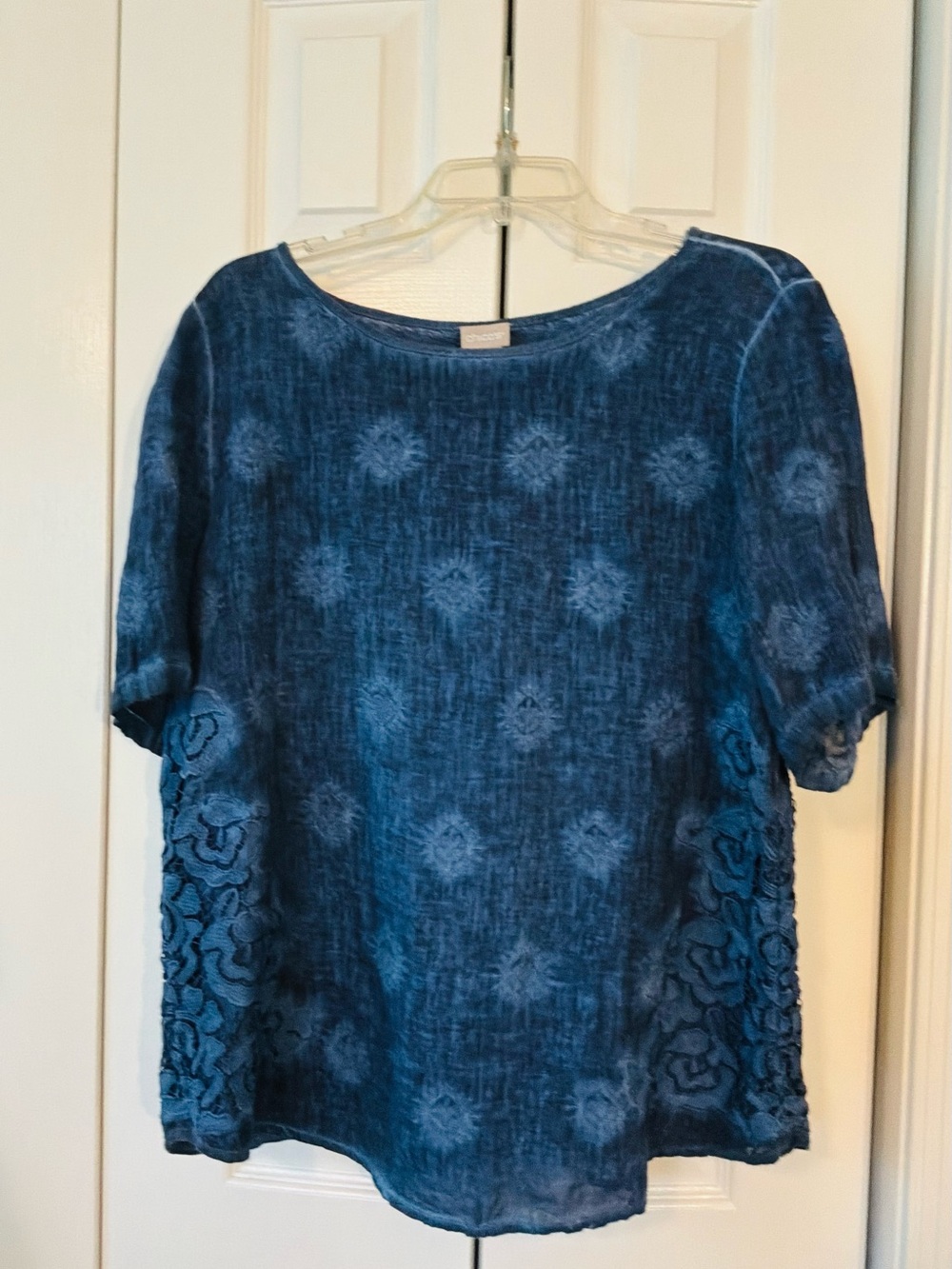 Chicos Linen Lace Applique Blouse Top Indigo Blue Short Sleeve Tunic SZ 2(12/14)